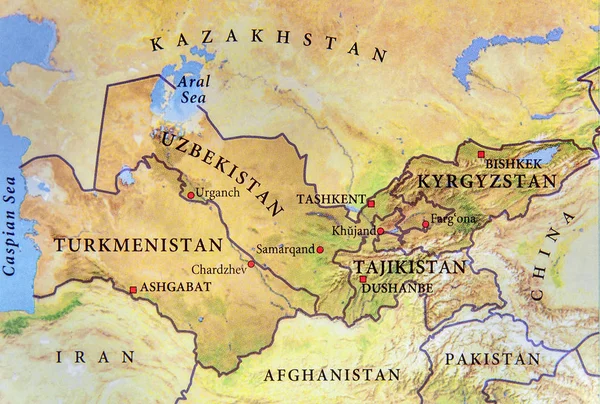 Geographic map of Turkmenistan, Tajikistan, Kyrgyzstan and Uzbek