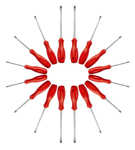 Birkaç kırmızı parlak metal ve plastik onarım için tornavida aracı — Stok fotoğraf