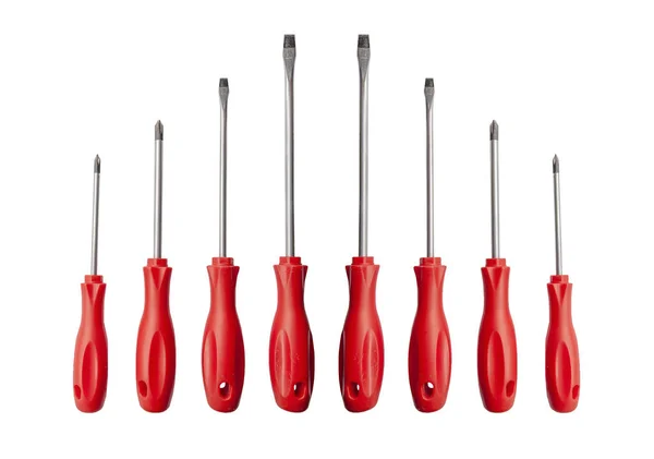 Sekiz kırmızı parlak metal ve plastik bir tornavida onarım için aracı — Stok fotoğraf