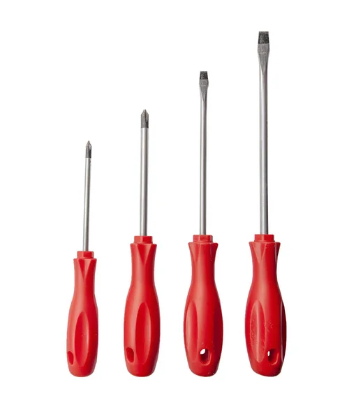 Four red shiny metal and plastic tool screwdriver for repair — Stock Photo, Image