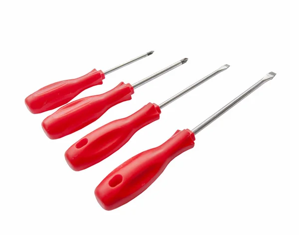 Cuatro destornillador de metal brillante rojo y herramienta de plástico para reparación — Foto de Stock