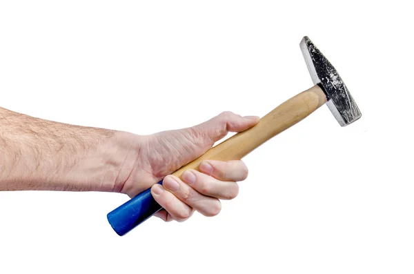 Mão segurando velho martelo lidar com equipamentos para a construção e re — Fotografia de Stock
