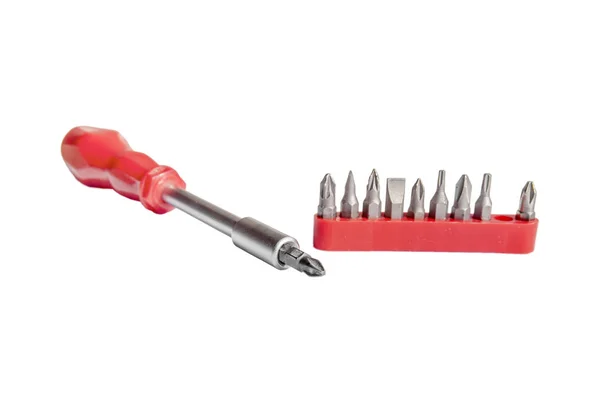 Red shiny metal and plastic tool screwdriver with removable head — Stock Photo, Image