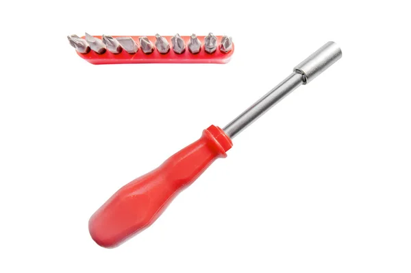 Red shiny metal and plastic tool screwdriver with removable head — Stock Photo, Image