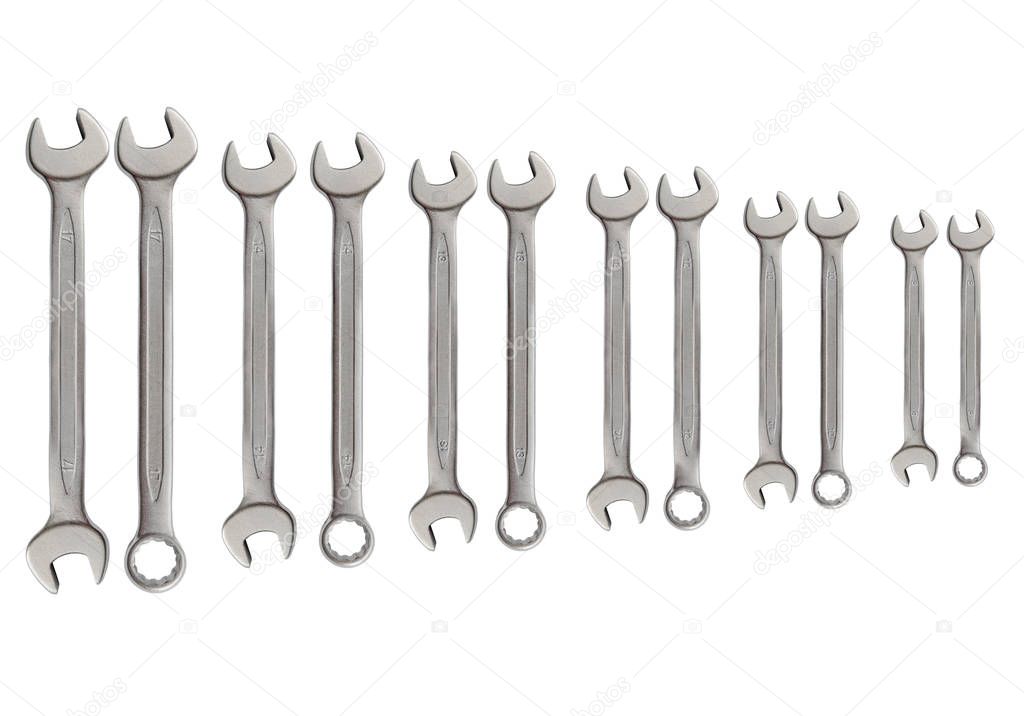 Row of mechanic silver metal tool wrench for repair isolated on 