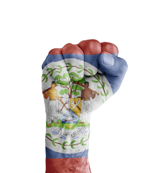Flaga Belize malowane na człowieka pięści jak symbol zwycięstwa — Zdjęcie stockowe