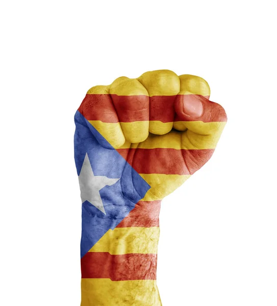 Vlag van Catalonië geschilderd op menselijke vuist als symbool van de overwinning — Stockfoto