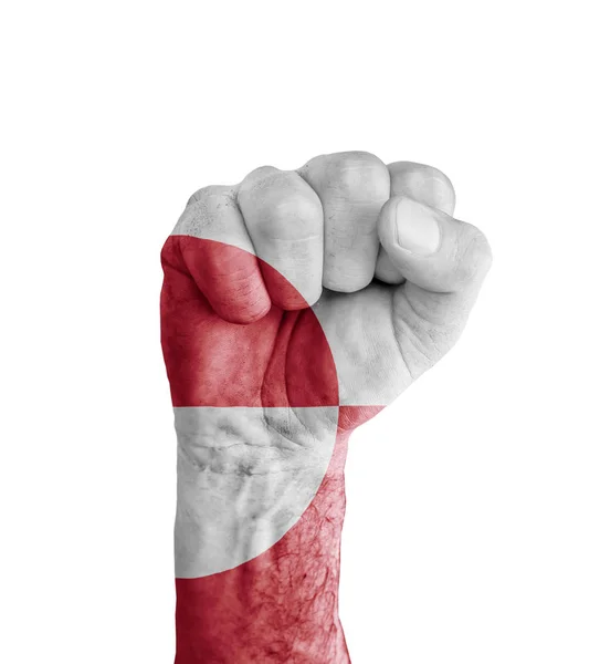 格陵兰国旗画在人类的拳头像胜利标志 — 图库照片