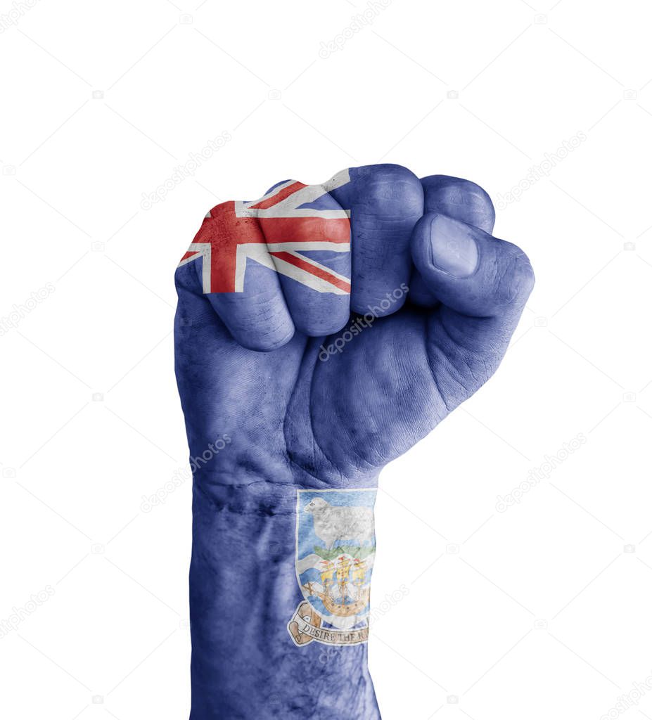 Flag of Falkland Islands painted on human fist like victory symb