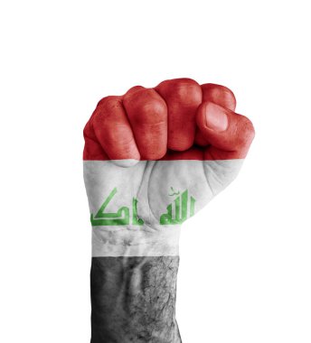 Zafer sembolü insan yumruk Irak bayrağı boyalı
