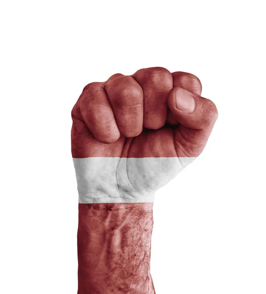 Флаг Латвии, нарисованный на человеческом кулаке как символ победы — стоковое фото