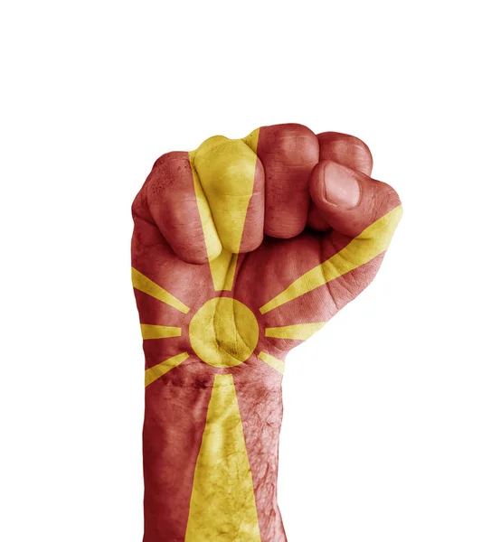 Macedónia zászlaja festett emberi ököl, mint szimbólum győzelem — Stock Fotó