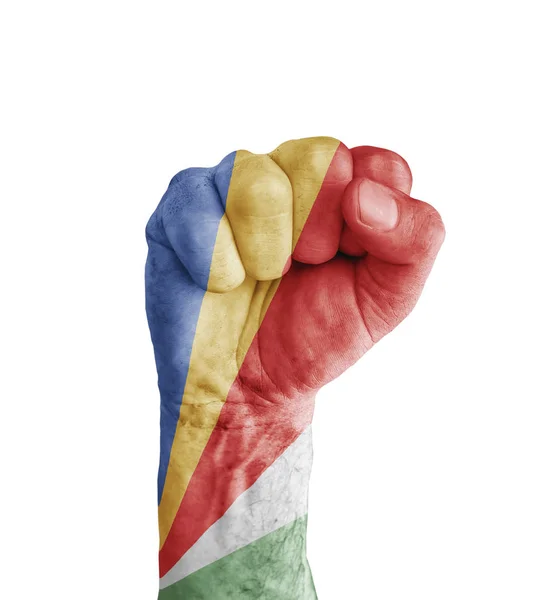 塞舌尔国旗画在人类的拳头像胜利标志 — 图库照片