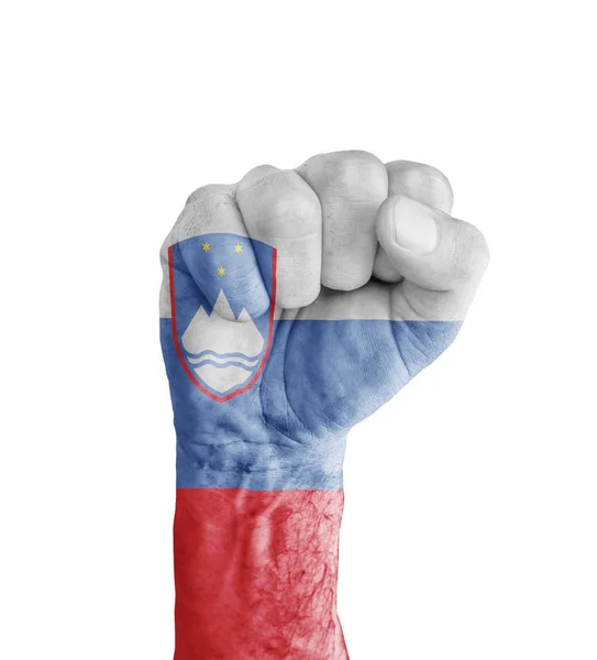 Bandeira da Eslovénia pintada no punho humano como símbolo de vitória — Fotografia de Stock