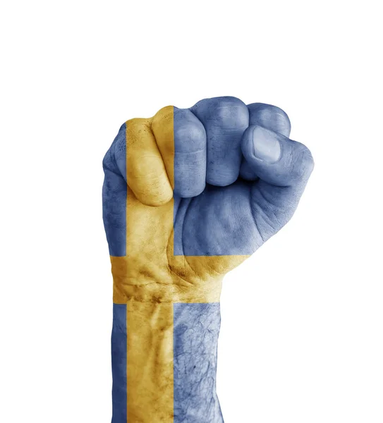 Sveriges flagga målad på mänskliga näven som seger symbol — Stockfoto