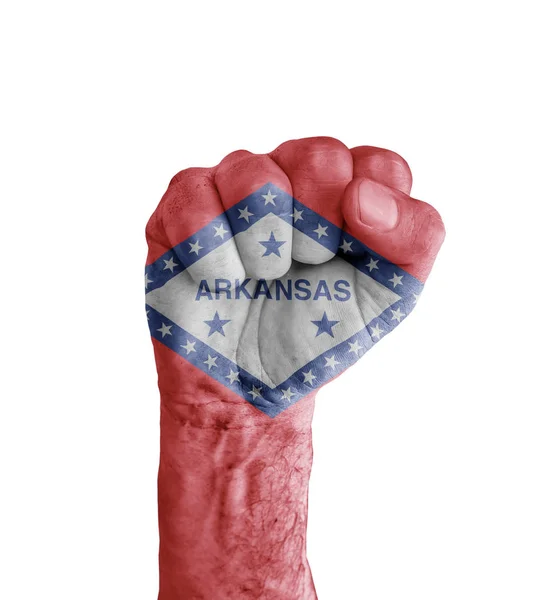 Vlag van Arkansas ons staat geschilderd op menselijke vuist zoals overwinning sym — Stockfoto