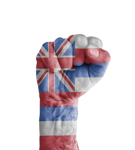 Bandeira do estado havaiano dos EUA pintada em punho humano como símbolo de vitória — Fotografia de Stock