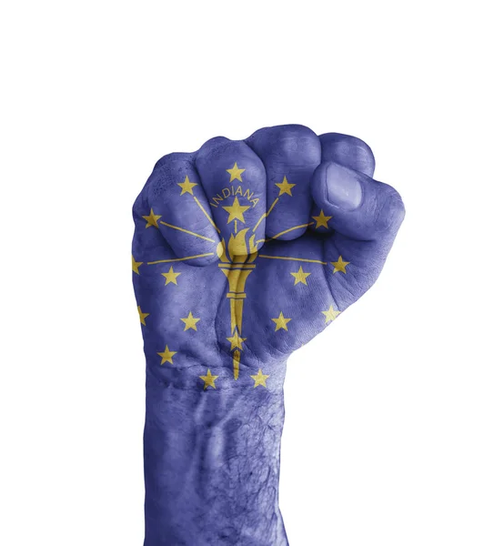 Flag of US Indiana state painted on human fist like victory symb — Stock Photo, Image