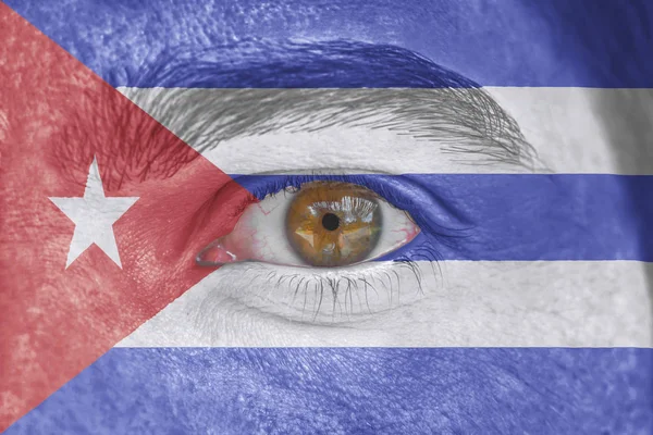 Human face and eye painted with flag of Cuba