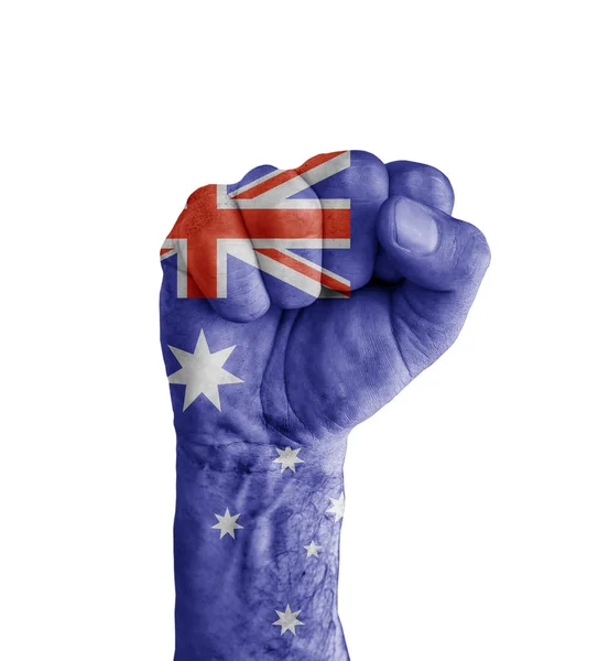 Flag of US Australia painted on human fist like victory symbol — Stock Photo, Image