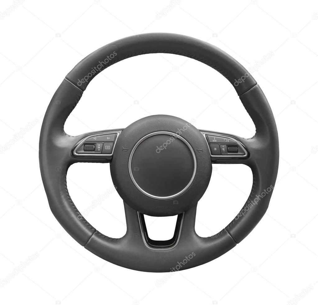 Steering wheel driver of prestige modern car isolated on white