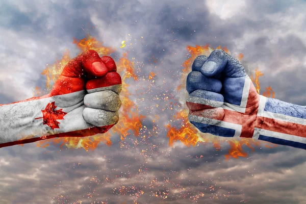 İki Kanada bayrağı ile yumruk ve İzlanda birbirlerine karşı karşıya mücadele için hazır