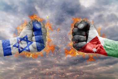 İki İsrail bayrağı ile yumruk ve Jordan birbirlerine karşı karşıya mücadele için hazır
