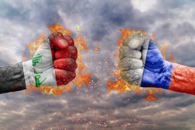 İki Rusya bayrağı ile yumruk ve Irak birbirlerine karşı karşıya mücadele için hazır