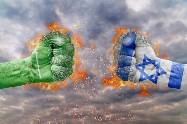 Two fist with the flag of Saudi Arabia and Israel faced at each other ready for fight — Stock Photo, Image