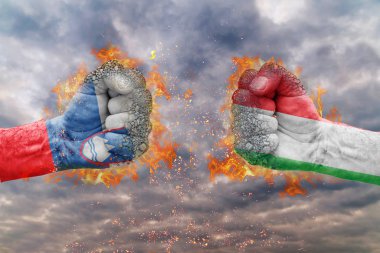 İki Slovenya bayrağı ile yumruk ve İtalya karşısında birbirlerine mücadele için hazır