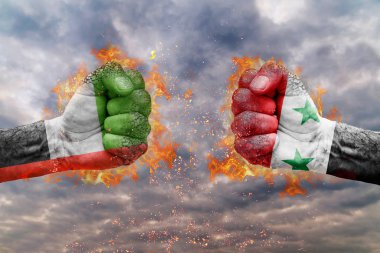 Birleşik Arap Emirlikleri bayrağı ile iki yumruk ve Suriye birbirlerine karşı karşıya mücadele için hazır