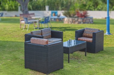 Tabloda yeşil çim çim ile rahat mobilya ev bahçe sandalye