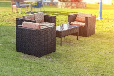 Tabloda yeşil çim çim ile rahat ev bahçe sandalye 