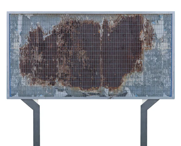 Старая ржавая текстура рекламного щита и пустая металлическая конструкция на двух колоннах изолированы — стоковое фото