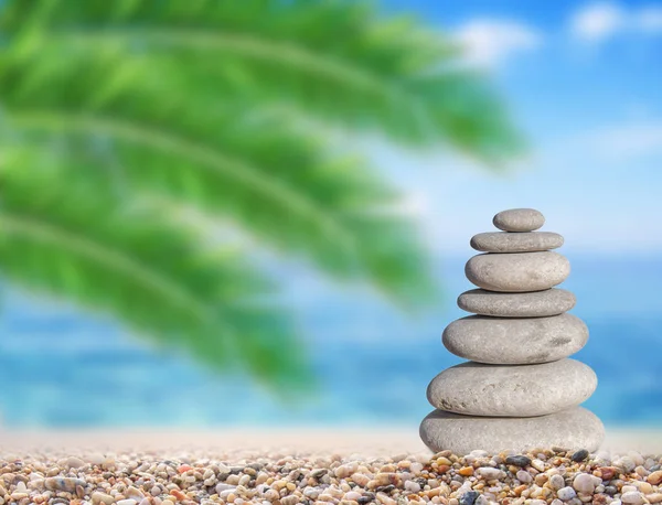 Piccola pietra spiaggia sulla spiaggia come simbolo di equilibrio con sfondo foglia di palma verde — Foto Stock