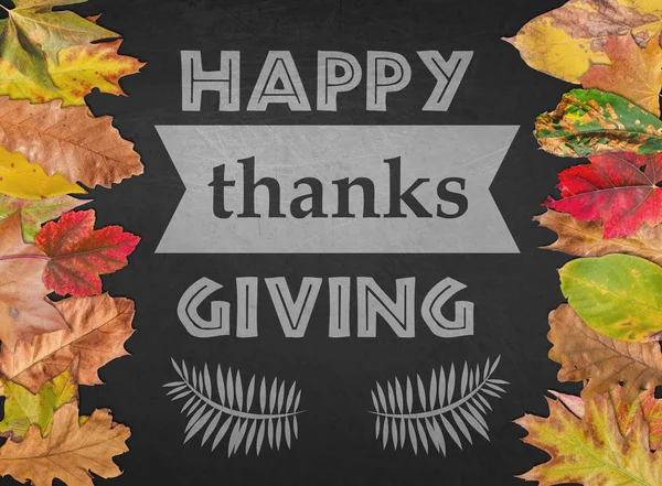 Happy Thanks giving day like postcard season lettering with autumn leaves
