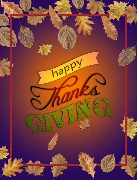 Happy Thanks Giving with several leaves and bordo frame on purple background