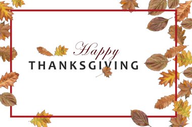 Sonbahar yaprakları ve bordo çerçeve ile beyaz arka plan üzerinde mutlu şükran günleri