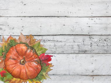 Kabak ve sonbahar yaprakları Şükran günü için beyaz masaya