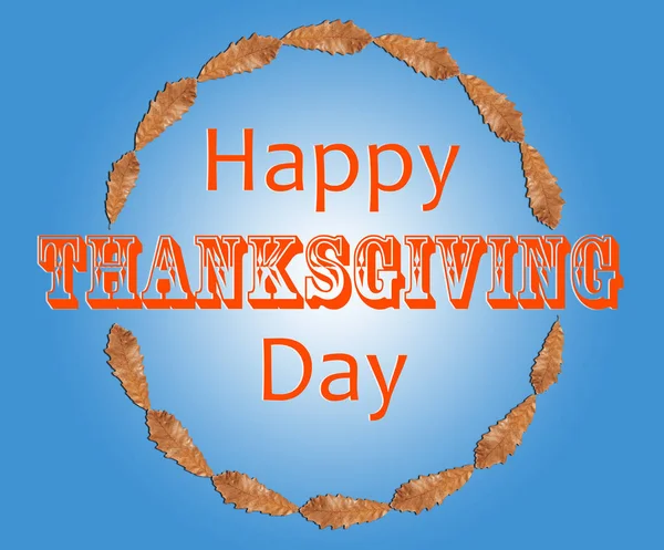 Happy thanksgiving day with brown leaf in circle inside on blue