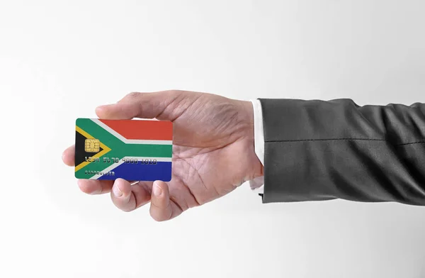 Bank hitelkártya zászló Dél-Afrika gazdaság ember elegáns öltöny — Stock Fotó