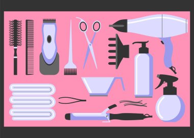 Kuaför araçlar kümesi. Düz tasarım.