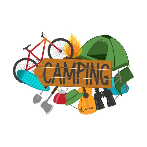 Das Wort camping Holzschild. Werkzeuge, Ausrüstung und Zubehör für eine Wanderung. — Stockvektor
