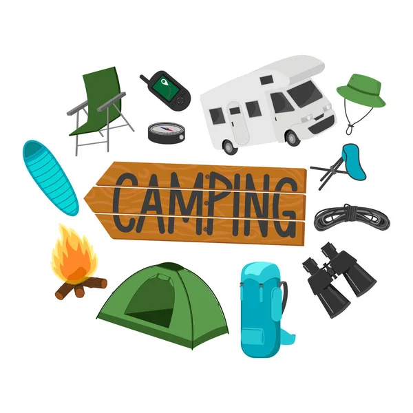Speichern Vorschau Camping Banner und eine Reihe von Geräten und Werkzeugen. — Stockvektor