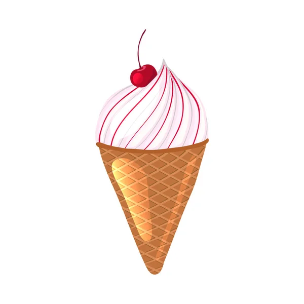 Gelato con ciliegia in un cono di cialda. icona del cartone animato . — Vettoriale Stock
