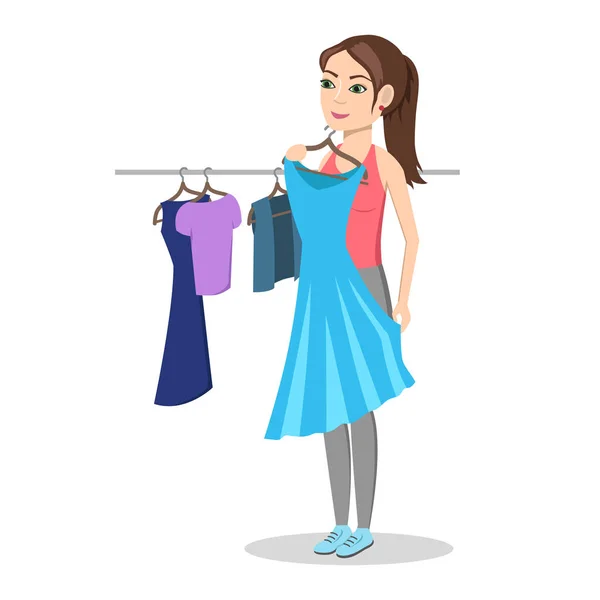 Chica probándose el vestido en la tienda de ropa. Compras. Mujer compra un vestido de moda, hermoso . — Vector de stock