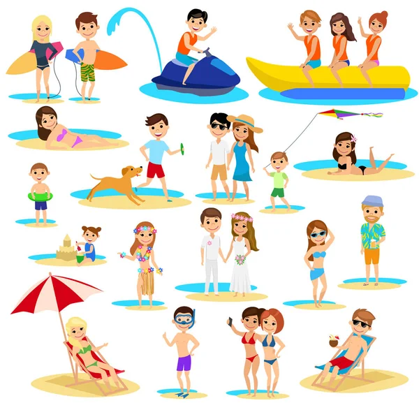 Gente sul set della spiaggia. Vacanze estive . — Vettoriale Stock