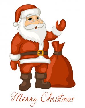 Beyaz arka plan üzerinde izole hediye çanta ile sevimli Noel Baba. Vektör çizim. Neşeli Noel poster.