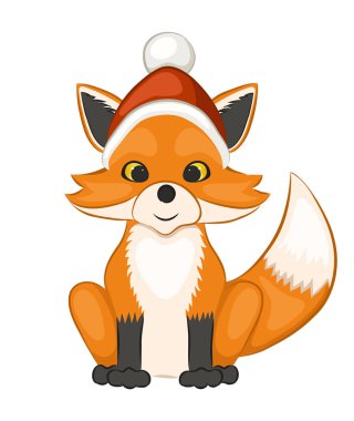 Kırmızı Santa Claus şapka şirin Fox. Beyaz bir arka plan üzerinde izole. Vektör çizim.