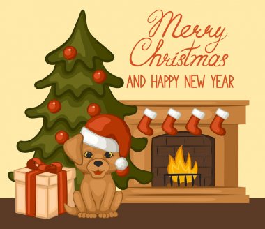 Şömine çorap ile dekore edilmiştir. Noel ağacı, hediye ve kırmızı Santa Claus şapka içinde şirin köpek yavrusu. Mutlu Noeller ve mutlu yeni yıl poster, afiş, tebrik kartı. Vektör çizim.